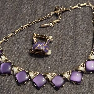 Vintage CoroCraft Purple Necklace & Clip Earrings Set Gold Tone Mid Century